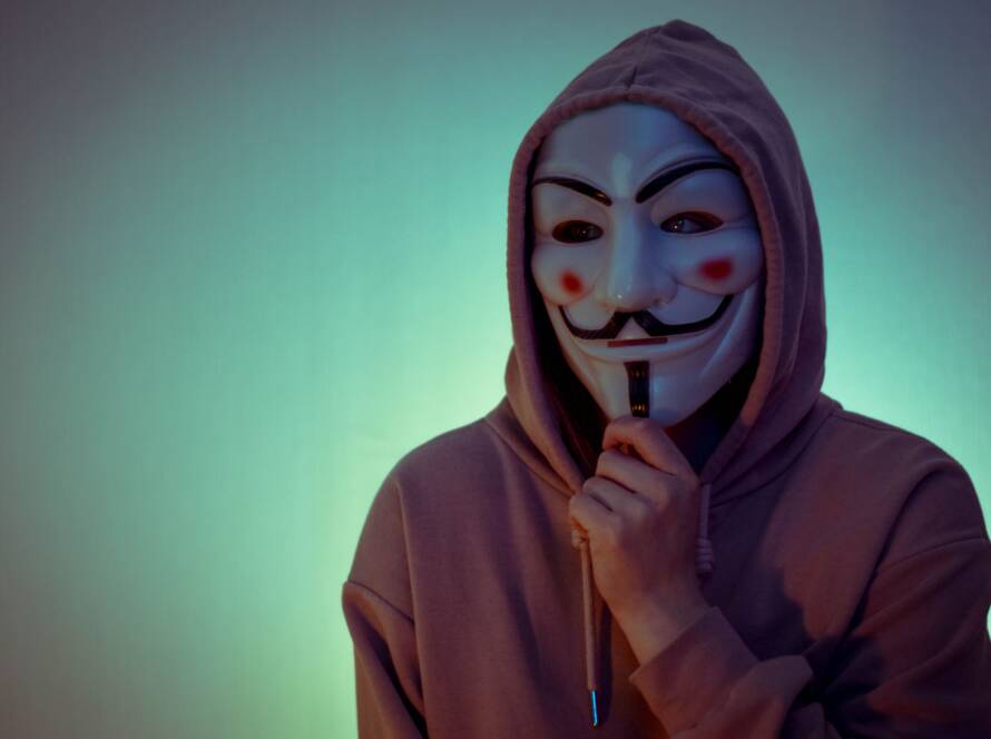 Portrait of a person wearing a hoodie and the Guy Fawkes mask